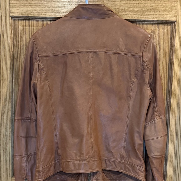 Lucky Brand Camel Leather Collarless Moto Jacket. Large